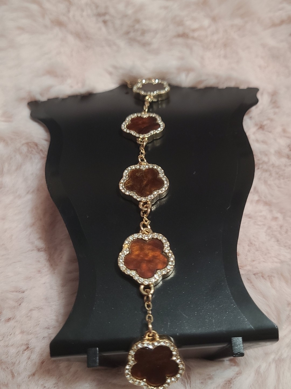 Gold-Tone Brown Clover Link Bracelet with Crystal Halo